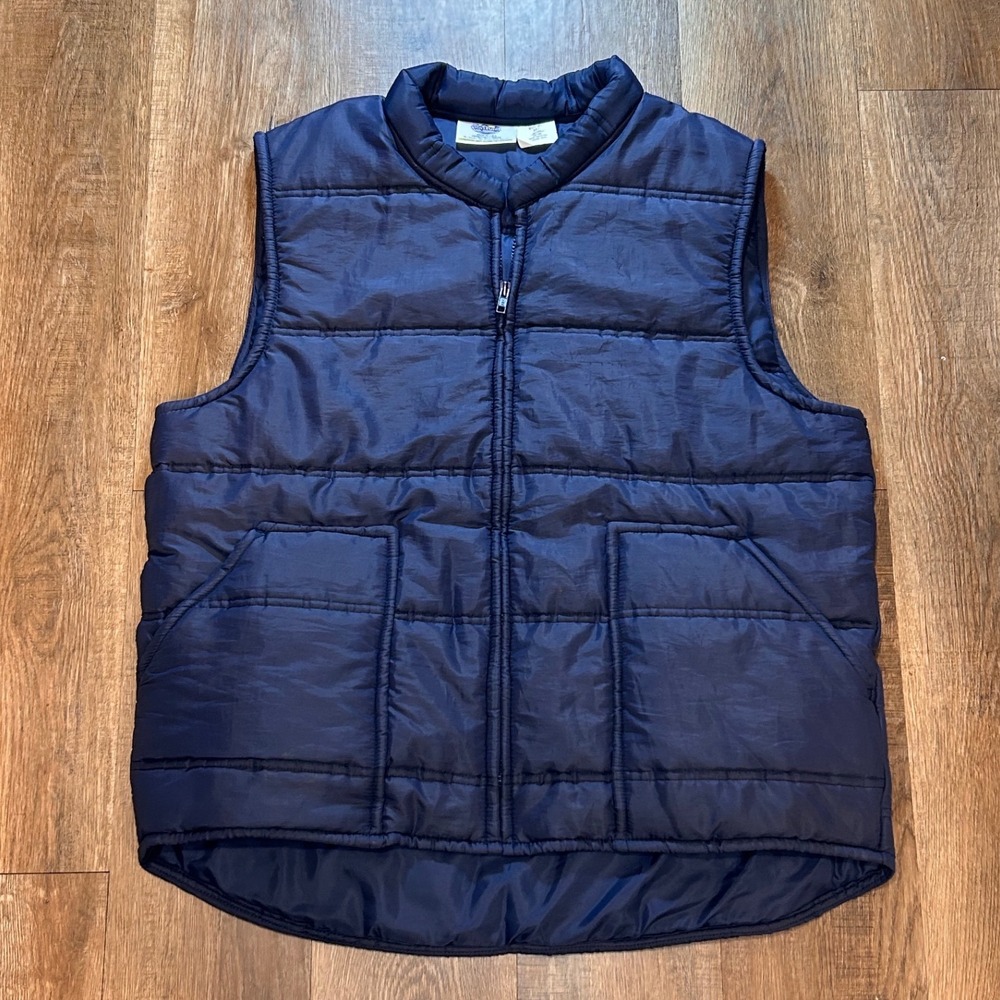 Riverside Vintage Puffer Vest Navy Blue Quilted Made in USA Mens ML 907 Zip Up